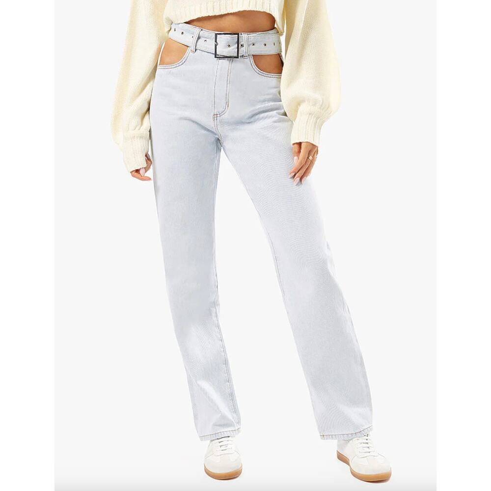 WeWoreWhat Cut Out Straight Leg Indigo Denim Jean High Waist Belted Grunge US 26